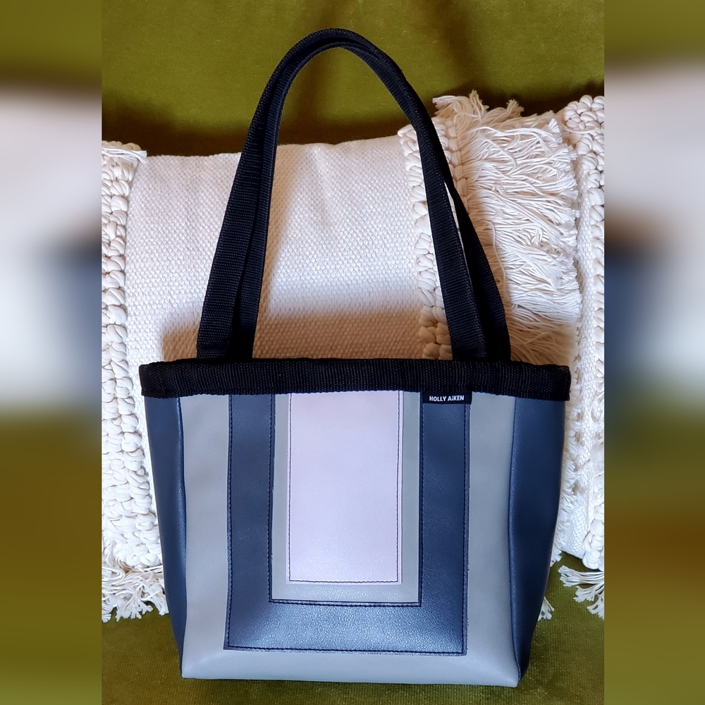 Holly Aiken Vegan Leather Tote Shoulder Bag, Blue/Gray/Lilac/Black, EUC